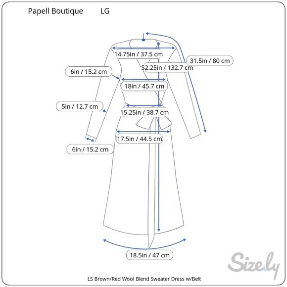 Papell Boutique Long Sleeve Brown Red V-Neck Wool Blend Sweater Dress w/Belt LG - Picture 6 of 6